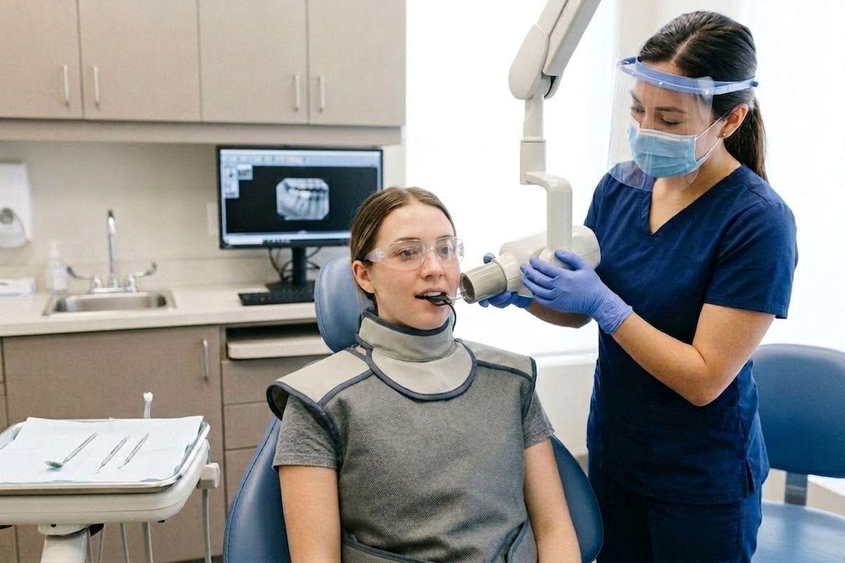 dental-hygienist-in-mask-and-face-shield-aims-an-x-ray-device-at-a-patient-in-a- Dental hygienist in mask and face shield aims an x ray device at a patient in a