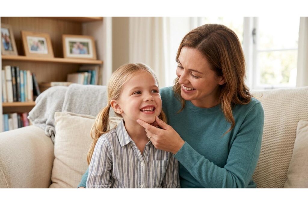 A friendly female dentist or professional smiling and gently lifting the chin of a young girl to inspect her teeth in a comfortable, home-like setting, symbolizing a positive and approachable dental check-up experience.