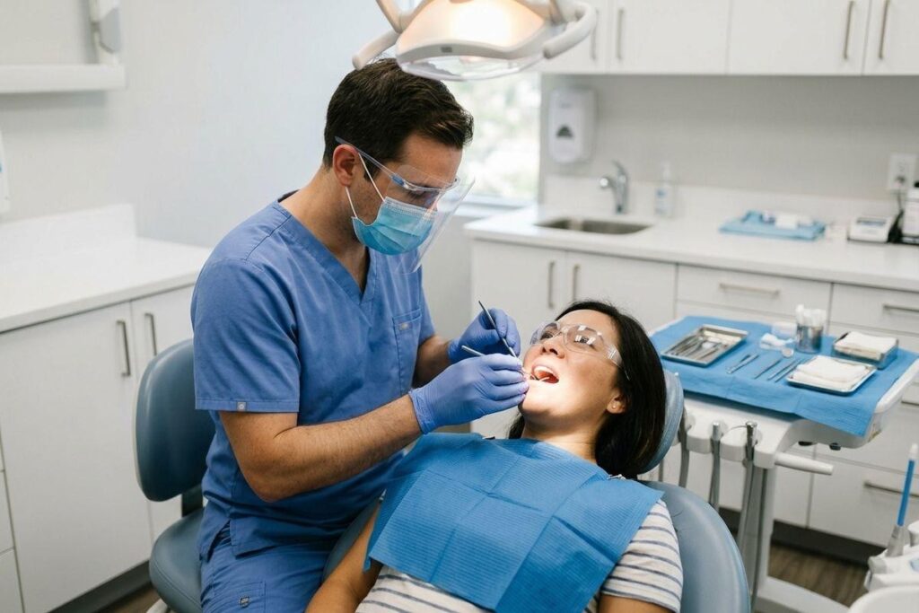 Dentist examining a patient's open mouth with a dental tool in a clinic chair, dental instruments on a tray nearby.