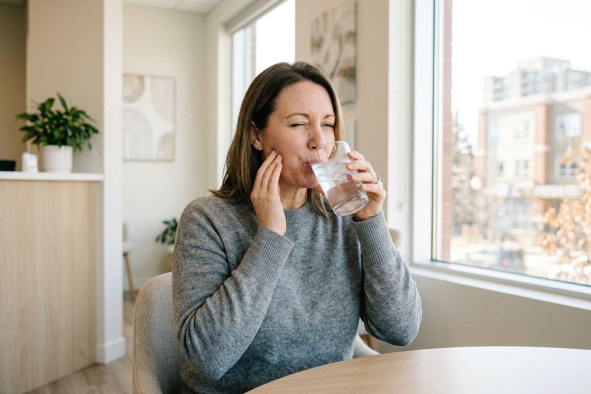Adult sitting at a table drinking from a glass of water one hand touching their