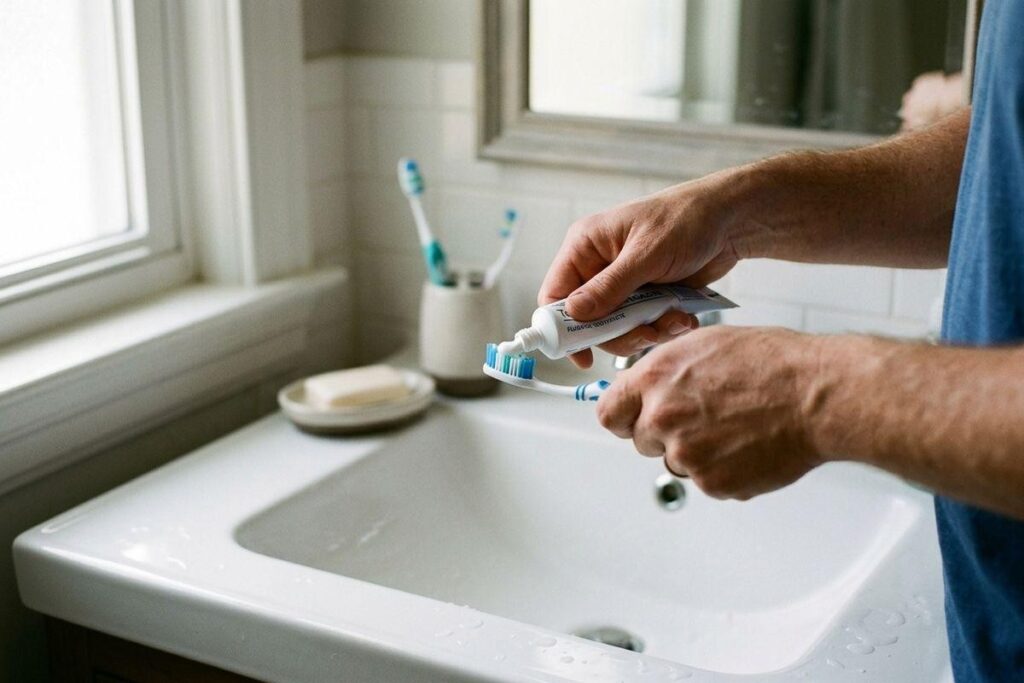 Adult squeezing toothpaste onto a toothbrush over a bathroom sink, with a toothbrush holder and soap dish visible nearby.