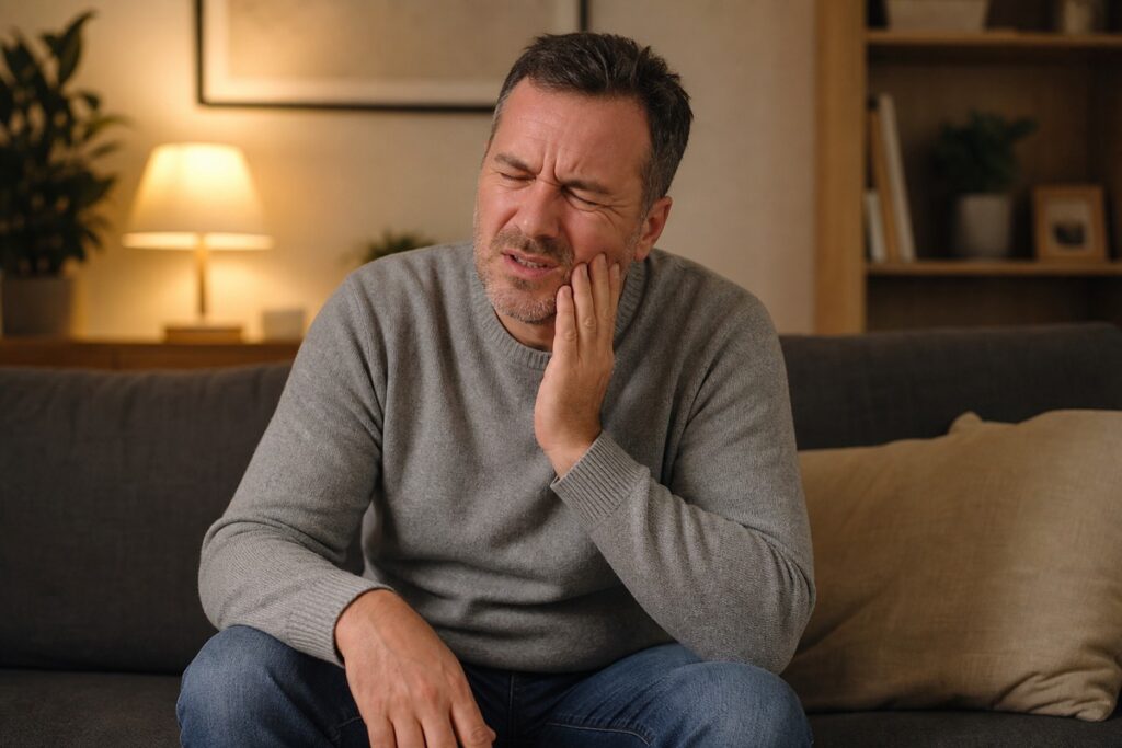Adult sitting on a sofa, eyes closed and grimacing, holding one hand against their cheek in a pained expression, in a dimly lit living room.